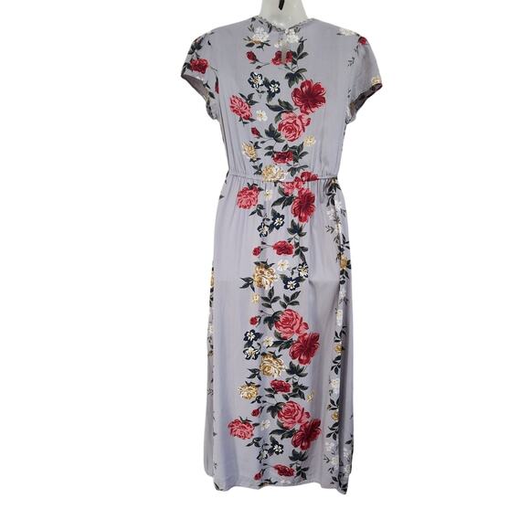 Angie Floral Crochet Trim Midi Faux Wrap Dress Cap Sleeve Multicolor Size Small - Picture 2 of 8